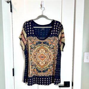 Lucky Brand Navy Medallion Boho Print Short Sleeve Viscose Tee Shirt Size 3X